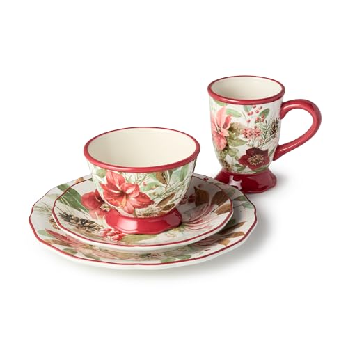 Winter Blooms 16-Piece Holiday Dinnerware Set - Floral Plates, Mugs & Bowls for Christmas