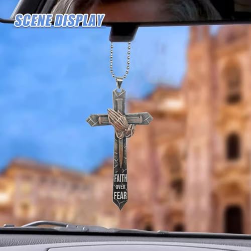 Praying Hands Cross Car Pendant - Faith Over Fear Mirror Charm