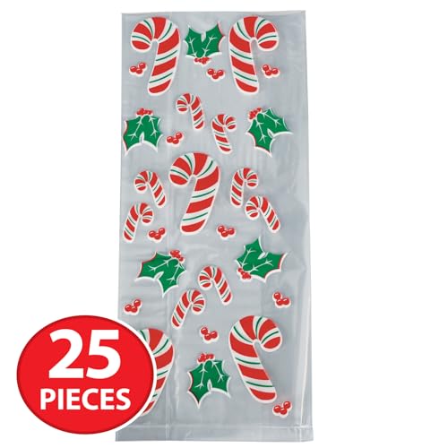 Beistle Candy Cane and Holly Cello Bags for Christmas Treats 25-Pack