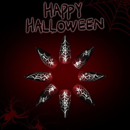 Halloween Press on Nails Long Almond Dark Red Spider Web Fake Nails