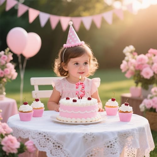 BOXOB Cherry Birthday Number 3 Candle Sweet Pink Cake Topper