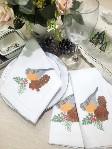 Christmas Bird & Pine Embroidered Cloth Napkin Set of 6 - 20x20 Cotton Table Linens with Hemstitch Details - Holiday & Daily Use