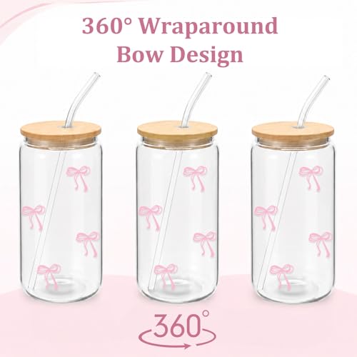 Mikopei Pink Bow Glass Cup with Lid & Straw - 16 oz Iced Coffee Tumbler