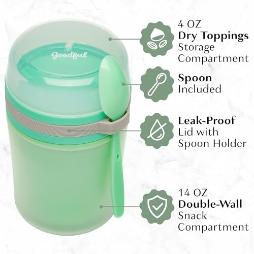 Goodful 14-Ounce Double Wall Insulated Yogurt Container with Lid & Spoon - Leak Proof, Microwave & Dishwasher Safe, Green - Pack of 1