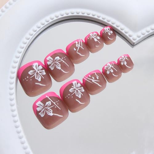 KAICCOSO Red Floral Short Square Press on Toenails, 24Pcs Cute Summer Stick-On Toe Nails with Glue