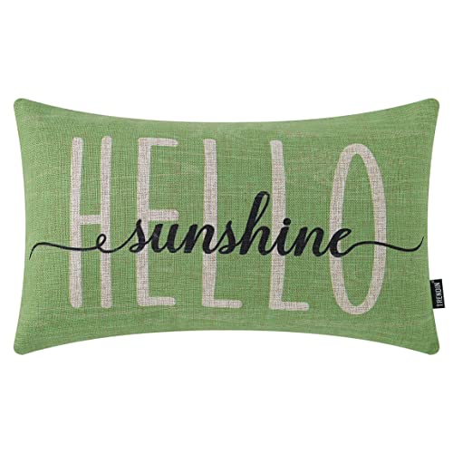 Hello Sunshine Throw Pillow Cover 12x20 inches - Green Linen