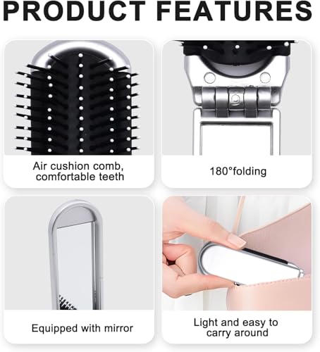Foldable Hair Brush with Mirror Portable Travel Detangling Comb