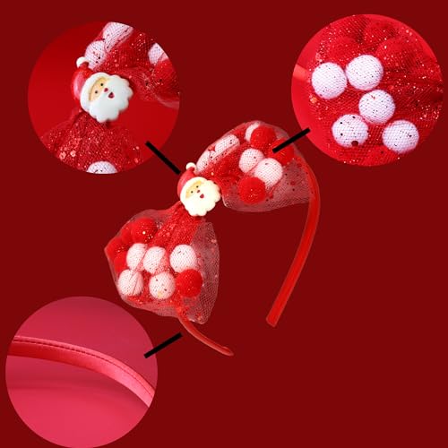 Needzo Christmas Red Bow Headband Sparkly Lace Hairband with Santa Pendant
