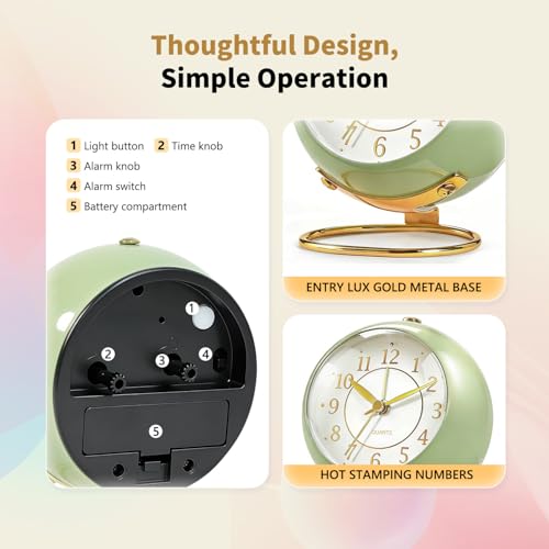 Azxb Retro Analog Alarm Clock - Avocado Green, Silent & Backlit