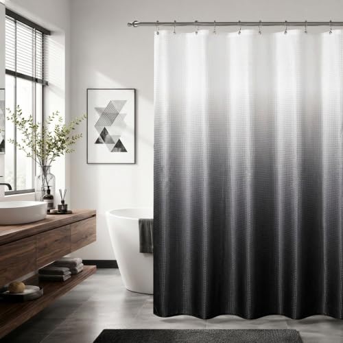 Mrs.Naturall Black and White Waffle Shower Curtain Set, 70x72
