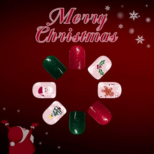 Christmas Press On Nails Short Green and Red False Nails with Holiday Designs