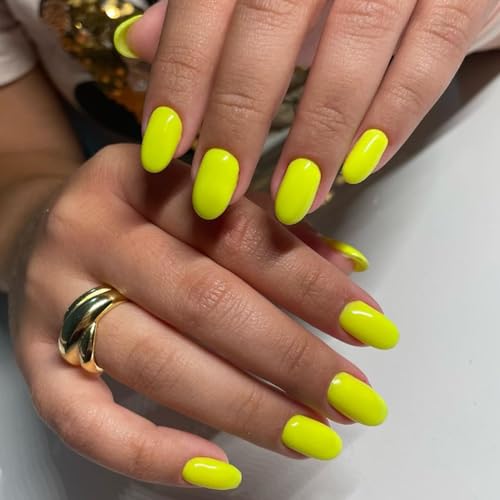 Short Yellow Almond Press On Nails Glossy Fake Nails 24 Pcs