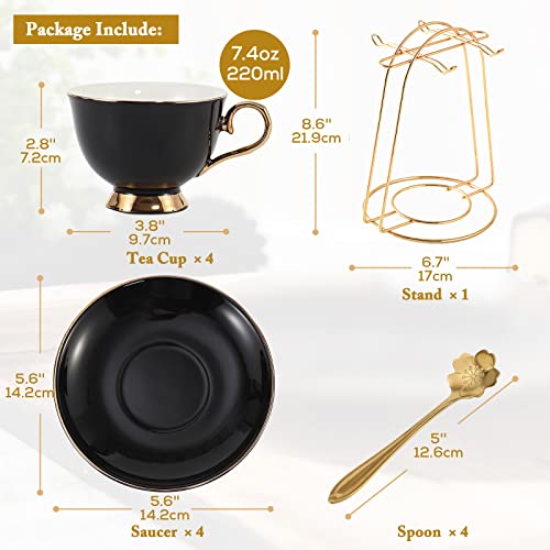Black Luxury Tea Cups and Saucers Set of 4 with Gold Trim and Metal Stand - DUJUST
