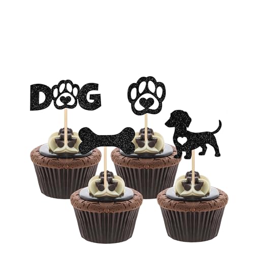 12 Black Glitter Dachshund Cupcake Toppers for Pet Parties