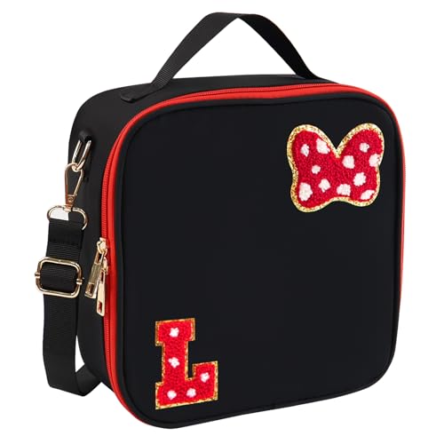 Initial Letter L Insulated Lunch Bag - Preppy Mouse Bow Design for Girls
