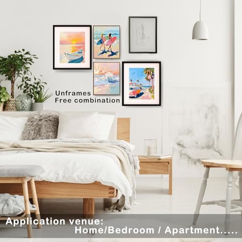 Pastel Coastal Beach Wall Art Prints Set of 4 - Nautical Sunset, Palm Tree & Surfer Girl, 8x10 - Color A