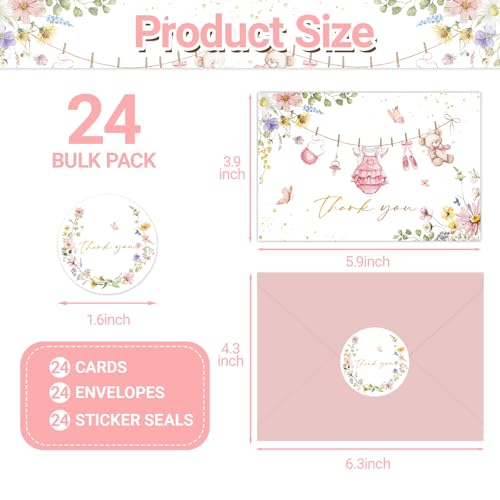 24 Pack Baby Shower Thank You Cards - Floral Clothes Design, 4x6 Inches