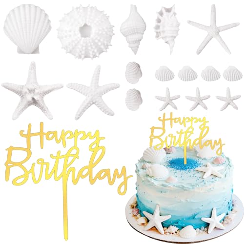 17PCS White Gold Seashell Cake Toppers for Beach Theme Party