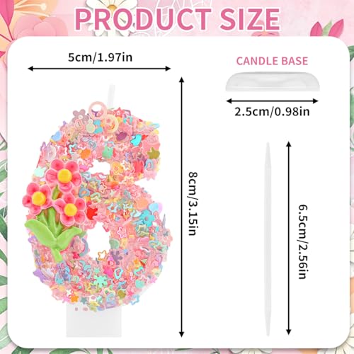Floral Number 6 Birthday Candle - Pink Flower Cake Topper