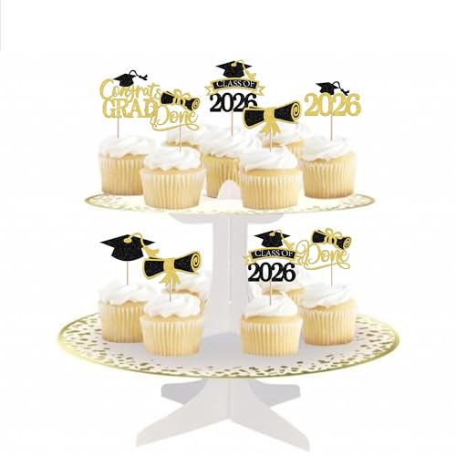 24 Pack Graduation Cupcake Toppers - Gold Glitter Class of 2026