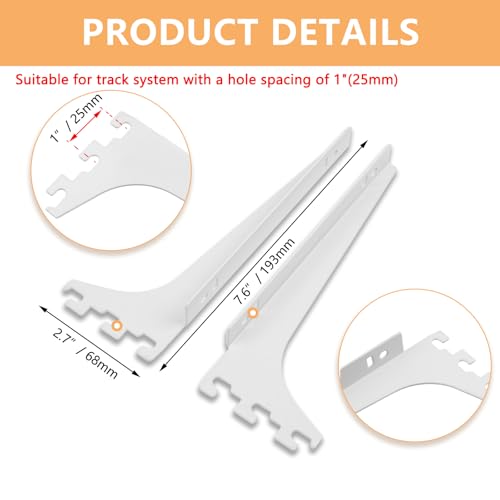 7.6 Inch White Single Track System Shelf Bracket - 2 Pcs