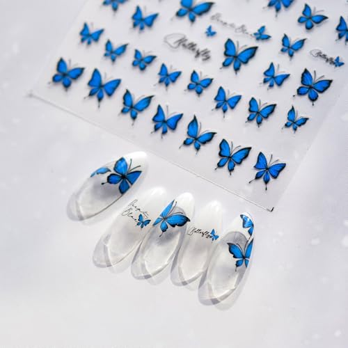 LIFOOST 5D Embossed Blue Butterfly Nail Stickers Glitter Decals DIY Manicure