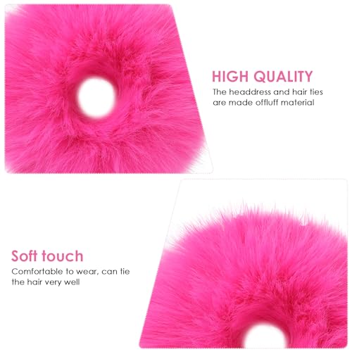 Lusofie Hot Pink Faux Fur Pompom Hair Scrunchies - 2 Pack Fluffy Hair Ties