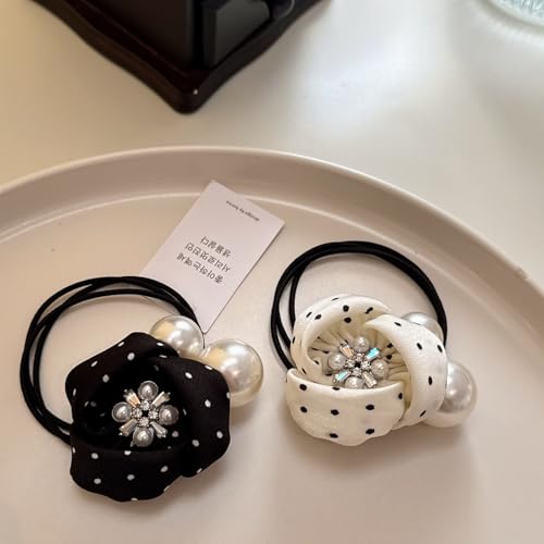 SICOPEE Polka Dot Flower Hair Tie with Pearls and Crystal Center