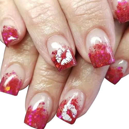 Vopintpy Romantic Glitter Lips Press on Nails Medium Square Fake Nails