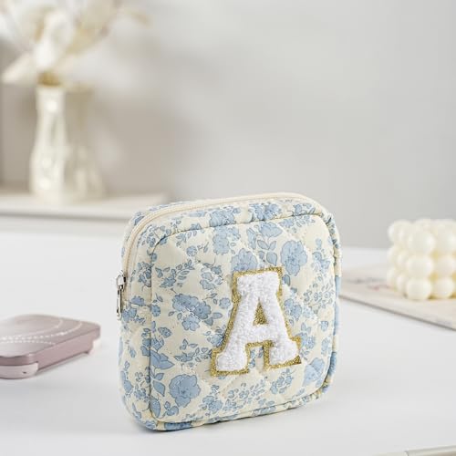 JOVAKIT Quilted Alphabet Makeup Bag Floral Cotton Toiletry Pouch
