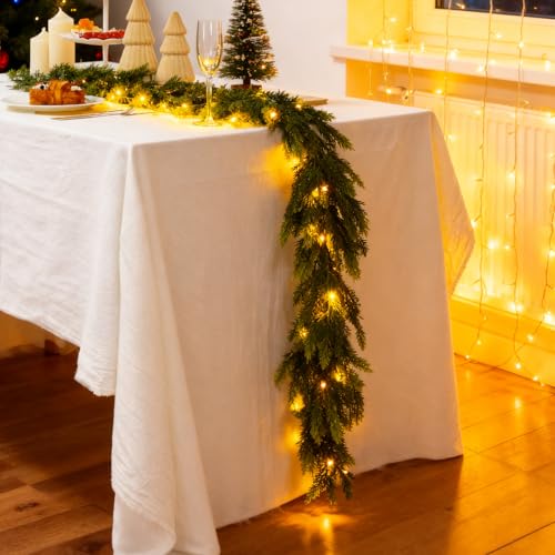 9FT Christmas Garland with Lights Real Touch Cedar Artificial Decor