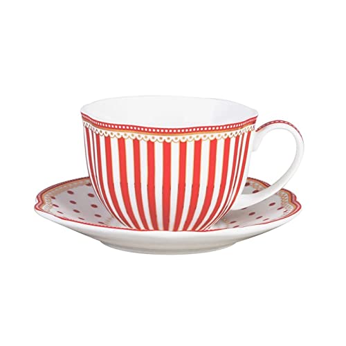 Red Dot Stripes Scallop 9-Ounce Porcelain Tea/Coffee Cup & Saucer Set - Gold Trim, Set of 2