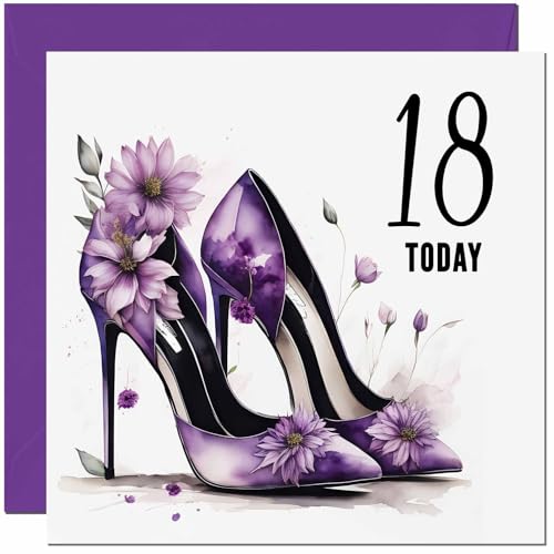 Elegant 18th Birthday Card for Women - Purple Heels & Flowers