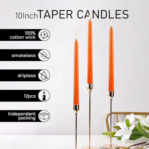 10-Inch Orange Taper Candles - 12 Pack, Unscented & Dripless for Events