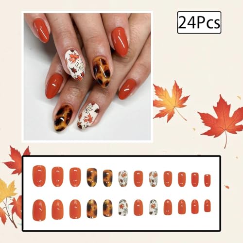 Fall Short Press on Nails Oval Orange Maple Leaf Acrylic False Nails
