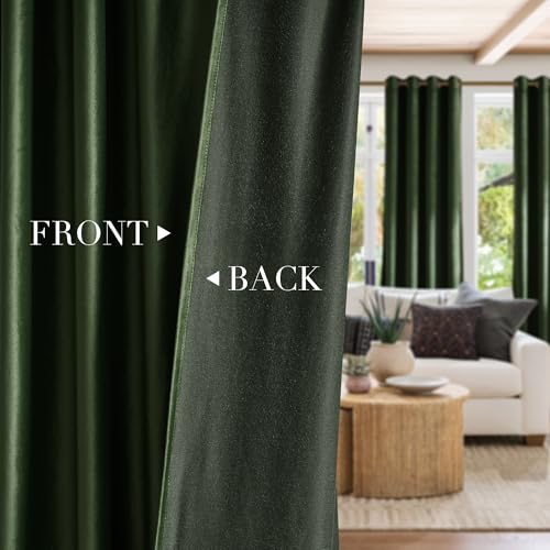 NICETOWN Olive Green Velvet Curtains 84 Inch Long for Bedroom, Luxury Super Soft Grommet Thermal Insulated Room Darkening Blackout Window Drapes for Living Room, 52 Inch Wide, 2 Panels