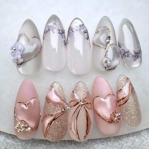 White Pink Glitter Press on Nails - Medium Almond 3D Flower Fake Nails