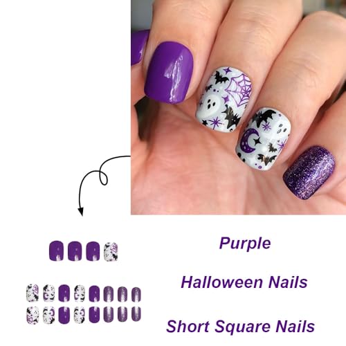 Purple Halloween Press on Nails Short Square Glitter False Nail Tips