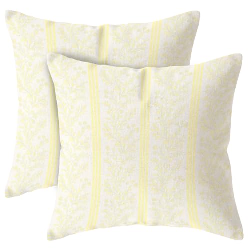 Vintage Floral Throw Pillow Covers - Yellow Striped Linen, 18x18 Inch, Set of 2