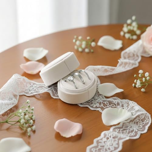 Velvet 3-Slot Ring Box - Oval Wedding Engagement Holder in Beige