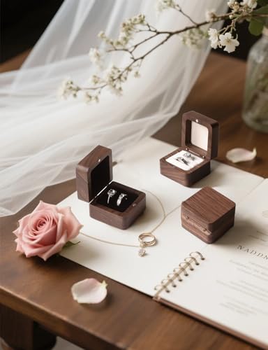 Vintage Wooden Ring Box for Wedding & Engagement - 2 Slots