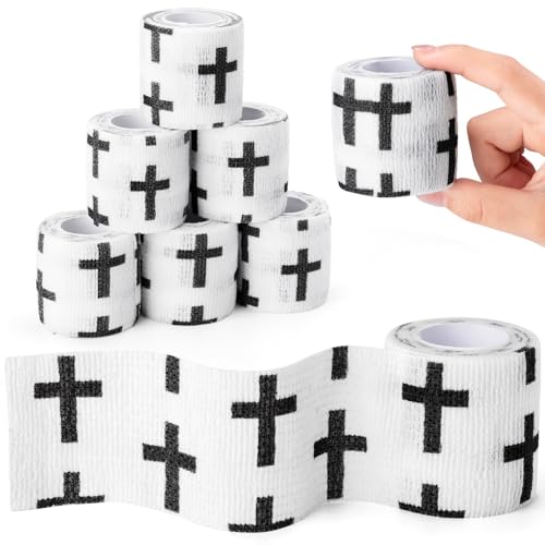 8PCS Christian Athletic Tape Faith Cross Wrist Tape, 2in x 15ft Elastic &Self-adhering, Halloween Church Jesus Religious Sports Wrap, Latex-Free Non Woven Self Adhesive Bandage for Soccer Baseball