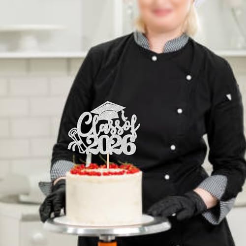 Class of 2026 Silver Glitter Cake Topper Congrats Grad Cap Diploma Pick