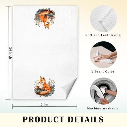 JINYO Floral Fox Kitchen Towel - Decorative 16x24 Inch Hand Towel
