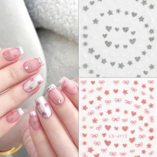 Glitter Heart Star Bows Nail Stickers 3D Self-Adhesive Decals 6 Sheets