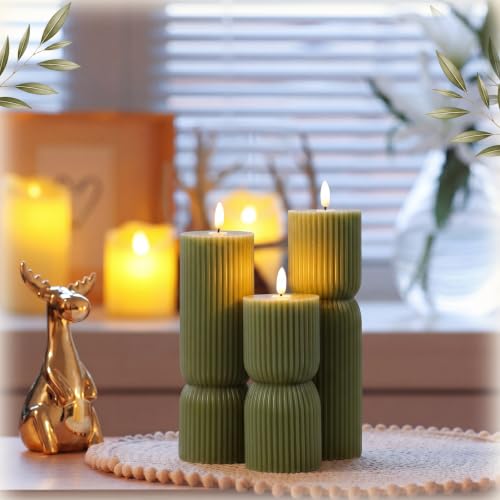 Flameless Candles Set - Real Wax Olive Green Hourglass with Variation Hourglass Ribbed