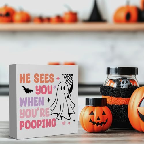 Cute Pink Ghost Pooping Halloween Decor - 5x5 Wooden Sign