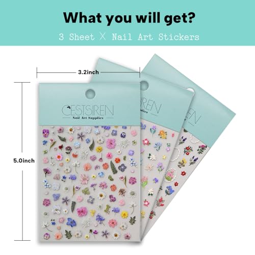CESTSIREN Floral Nail Art Stickers, Colorful Spring Flower Decals 3 Sheets