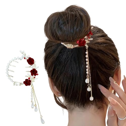 Rose Pearl Hair Claw Clip with Floral Tassel for Elegant Updo Styling