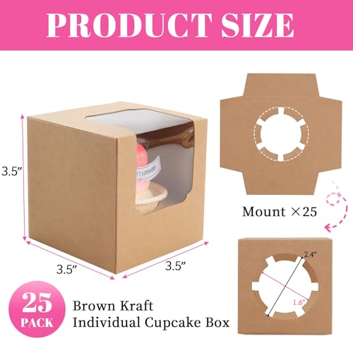 NPLUX Brown 25 Pack Pre-Assembled Cupcake Boxes with Inserts for Baking & Gifts
